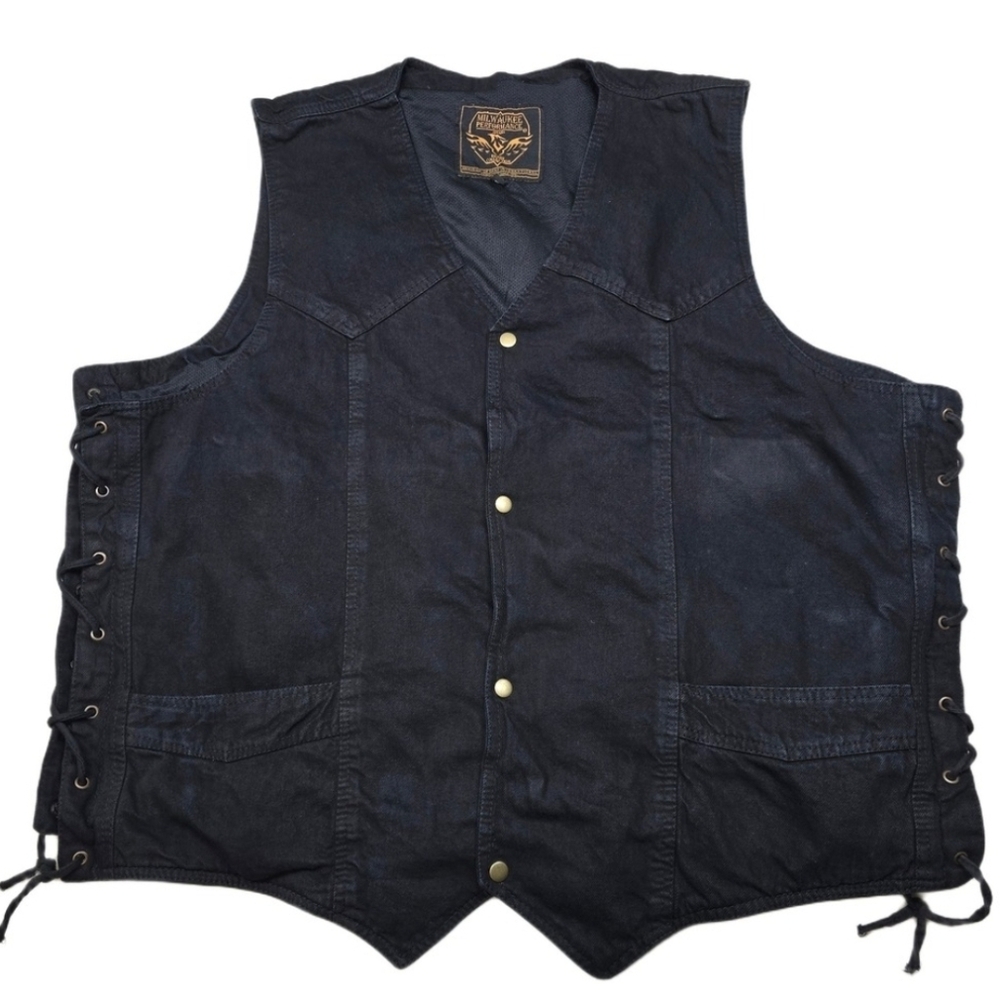 Milwaukee Performance Denim Vest Mens 5XL Black Biker Motorcycle Laced Sides